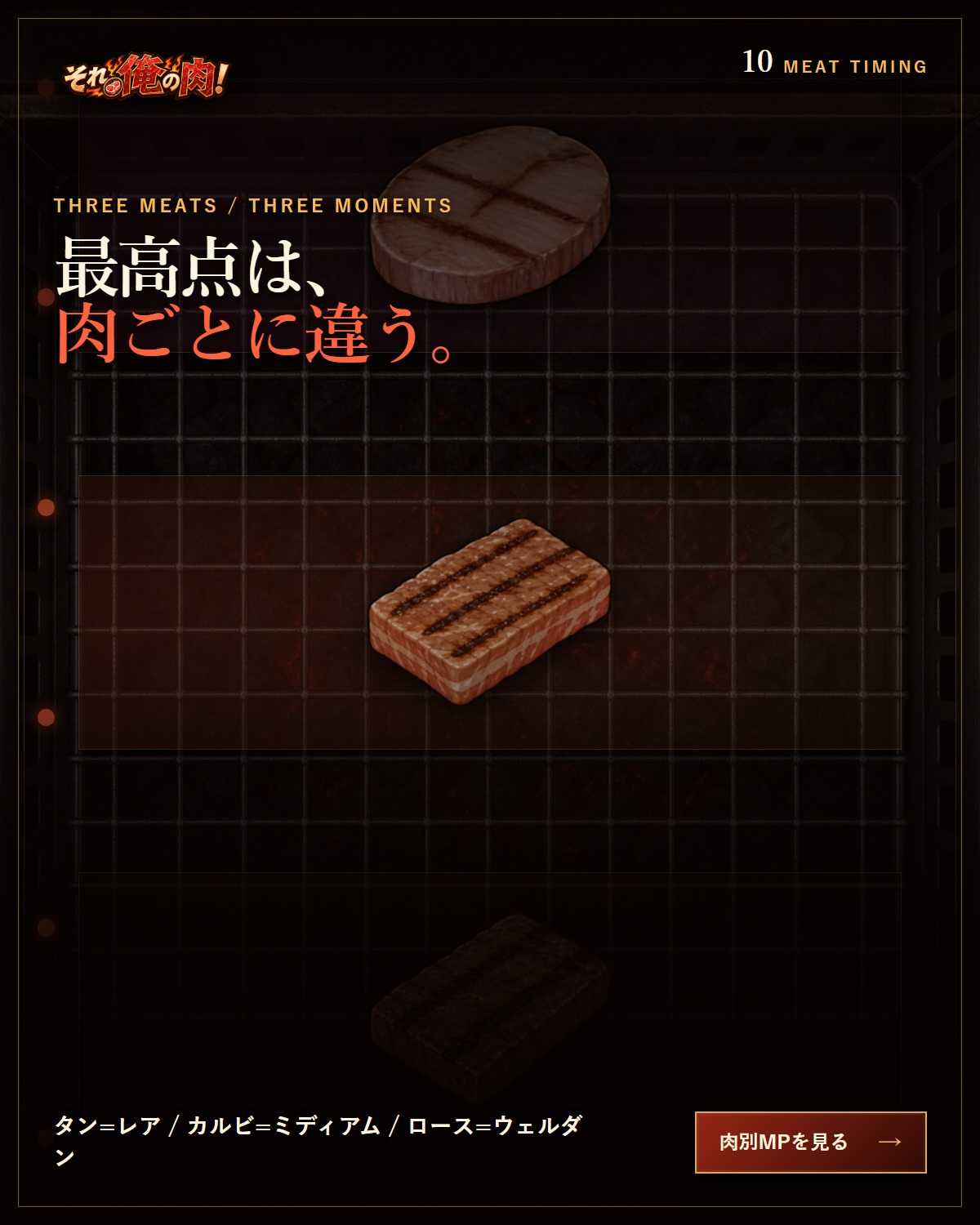 タン、カルビ、ロースで最高MPになる焼き加減が違うことを伝える公式広告